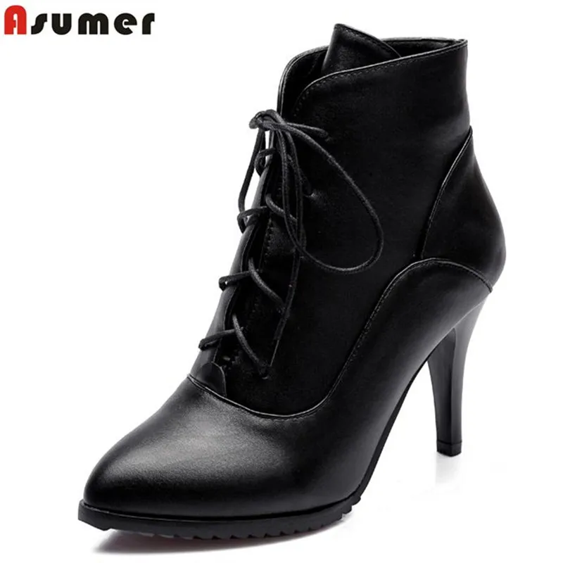 ASUMER Party women ankle boots hot sale pointed toe high thin heels solid soft pu leather lace-up office boots for women цена ASUMER Party women ankle boots hot sale pointed toe high thin heels solid soft pu leather lace-up office boots for women цены онлайн