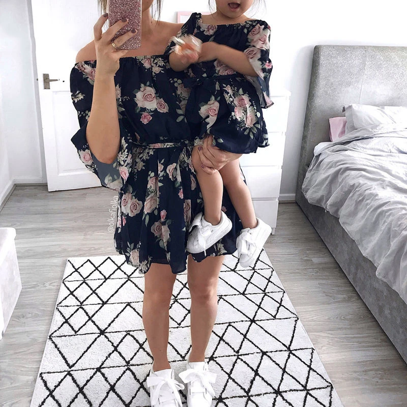 

CALOFE Mother Daughter Family Matching Outfits Off Shoulder Dress Torridity Girls Women Loose Dresses Sundress Clothes