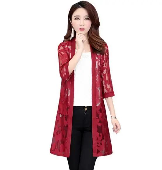 

2019 New Feamle Medium Long Shawl Coat Lace Patchwork Hollow Chiffon Thin Open Stitch Summer Jacket Oversize DC320