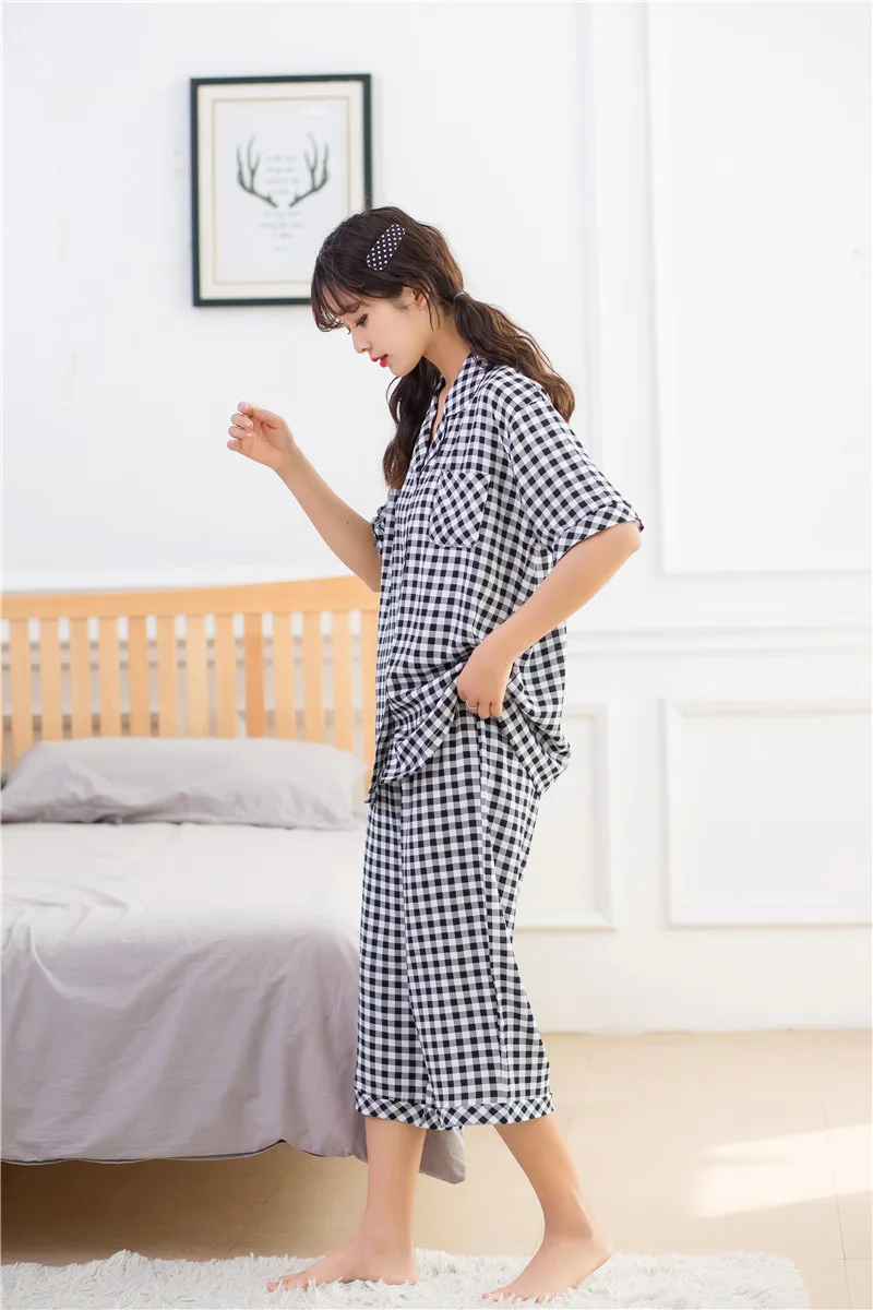 Летняя новая женская крутая Удобная Пижама с коротким рукавом, клетчатая Пижама, женская одежда для сна, милые штаны длиной до икры, пижама
