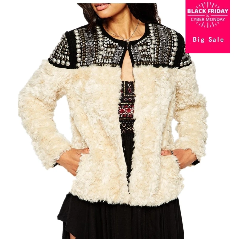 2018 new women winter wool fur long sleeve beading patchwork thick warm jackets and Faux Fur