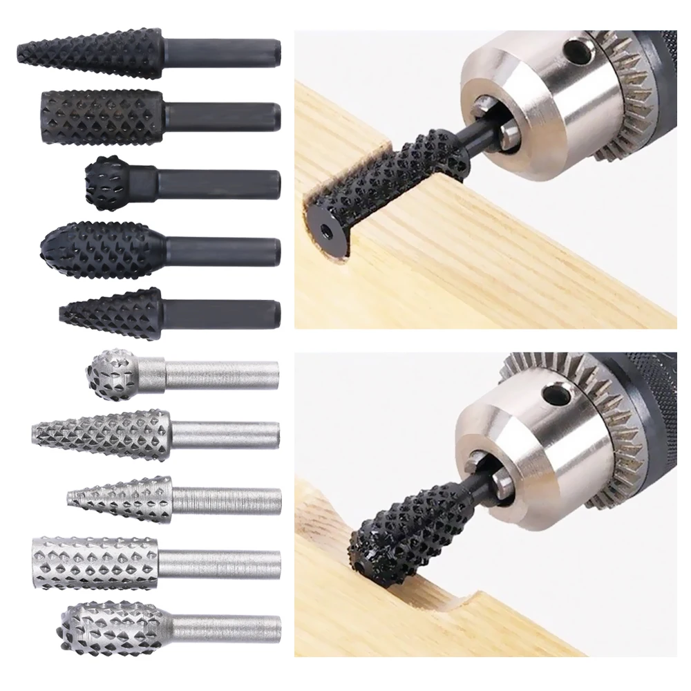 

5pcs Steel Rotary Rasp File 1/4" Shank Rotary Craft Files Rasp Burrs Wood Bits Grinding Power Carpentry Woodworking Tool Parts