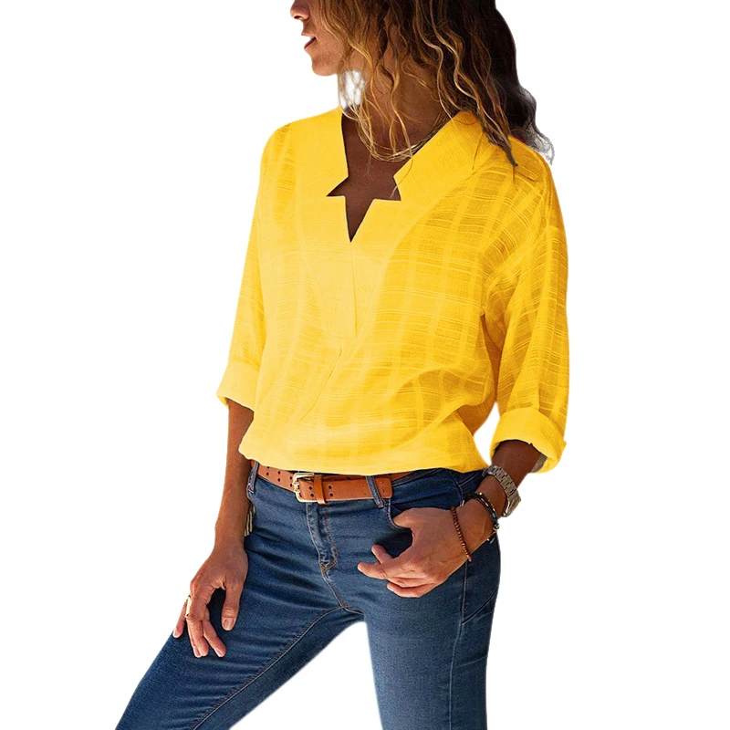 Женская модная клетчатая хлопковая Льняная блуза с v-образным вырезом и длинным рукавом, Женская Повседневная рубашка OL, пуловеры, свободные топы - Цвет: Yellow