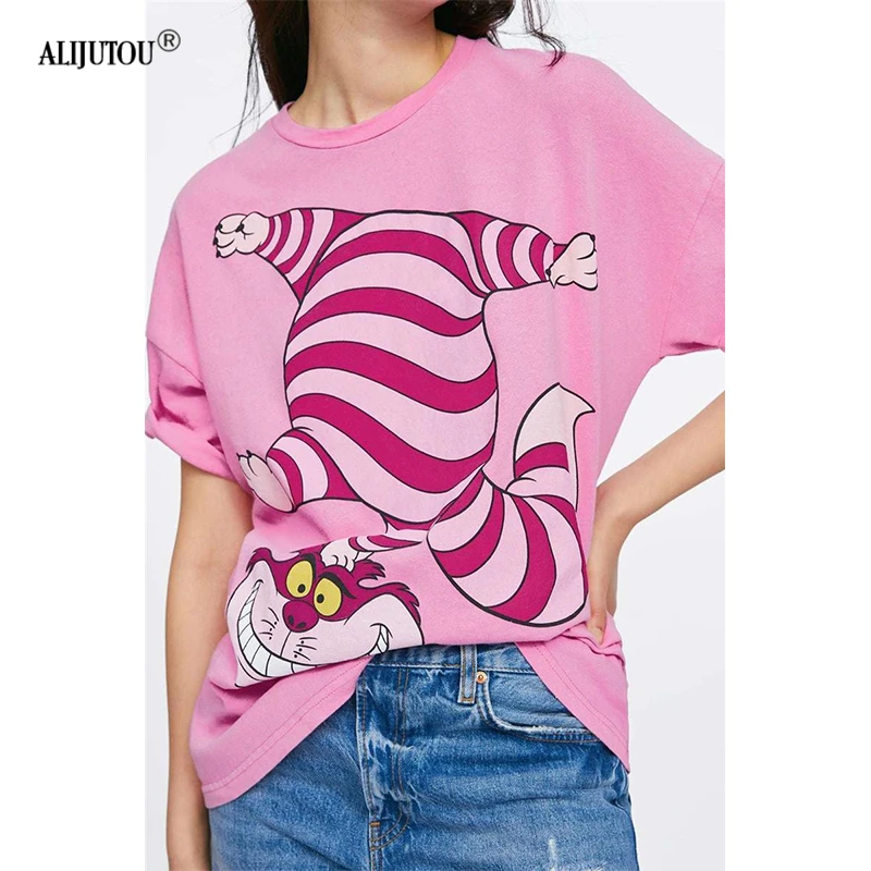 Alice In Wonderland Pink T-Shirt Women Zaraing Fashion Casual Cartoon Cheshire Cat Print Short Sleeve Tshirt Femme Graphic Tee