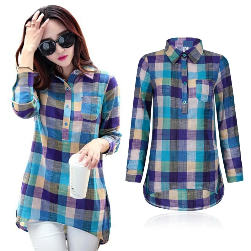 

Women Plaid Shirt Collar Long Sleeve Shirt Women Casual Cotton Linen Blouses Tops