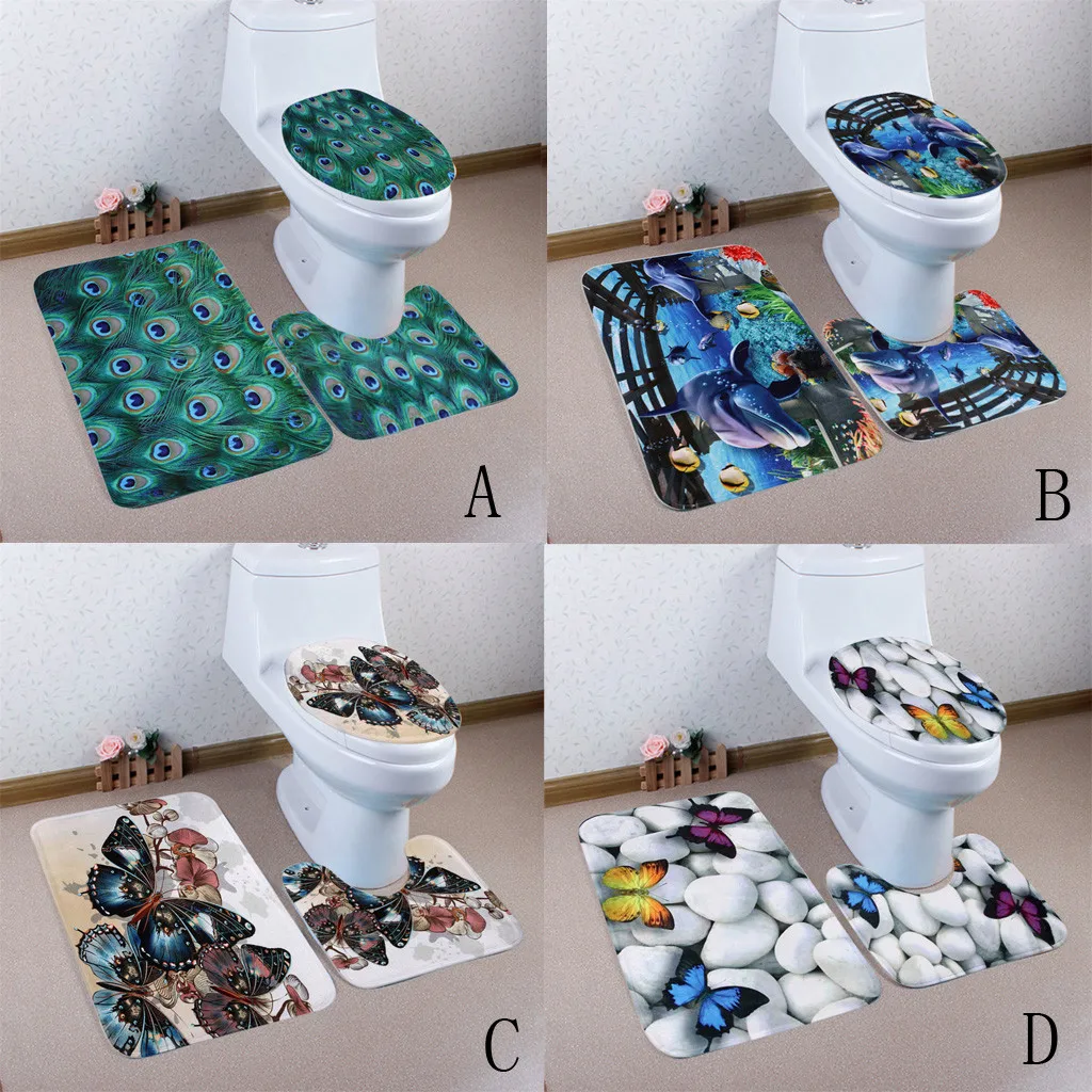

Woodgrain Bathroom Non-Slip Pedestal Rug + Lid Toilet Cover + Bath Mat Set