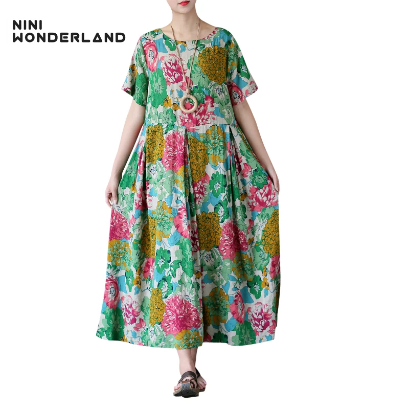 NINI WONDERLAND Summer short sleeved printing cotton vintage dresses