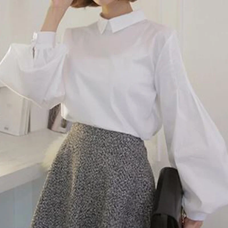 

Spring Elegant Solid White Shirts Brief Peter Pan Collar Lantern Sleeve Wears Korean Trendy Cute Loose Blouses