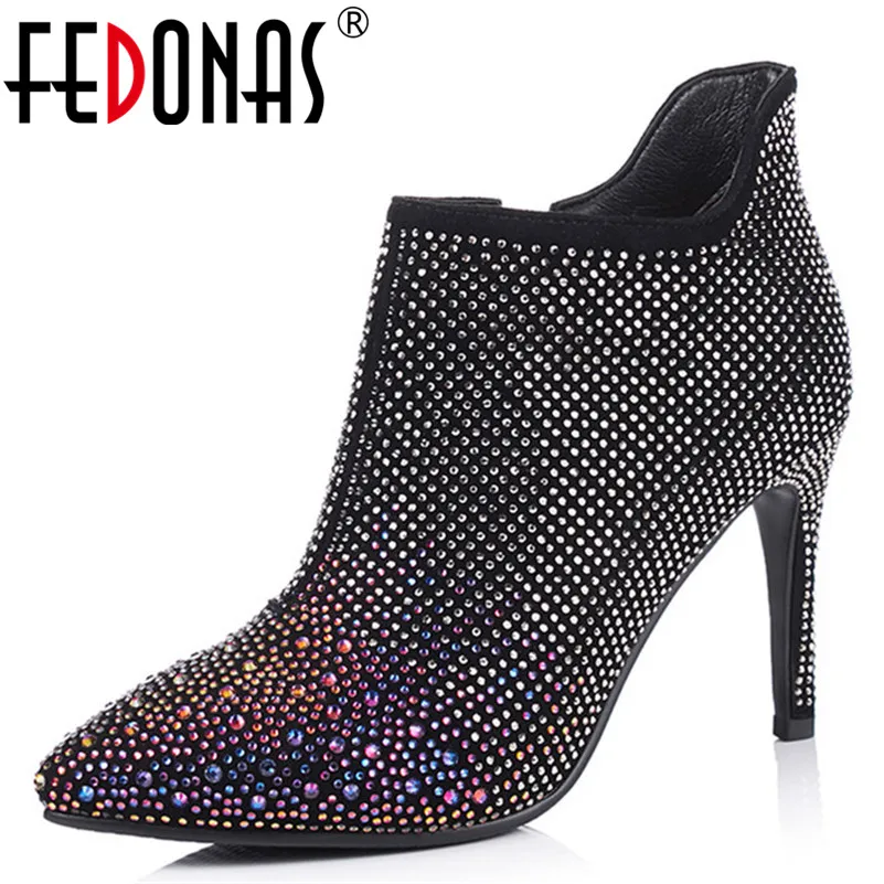 

FEDONAS Sexy Women Crystal Party Prom Pumps Ladies Spring Autumn High Heels Pointed Toe Ankle Boots Ladies Zipper Dancing Shoes
