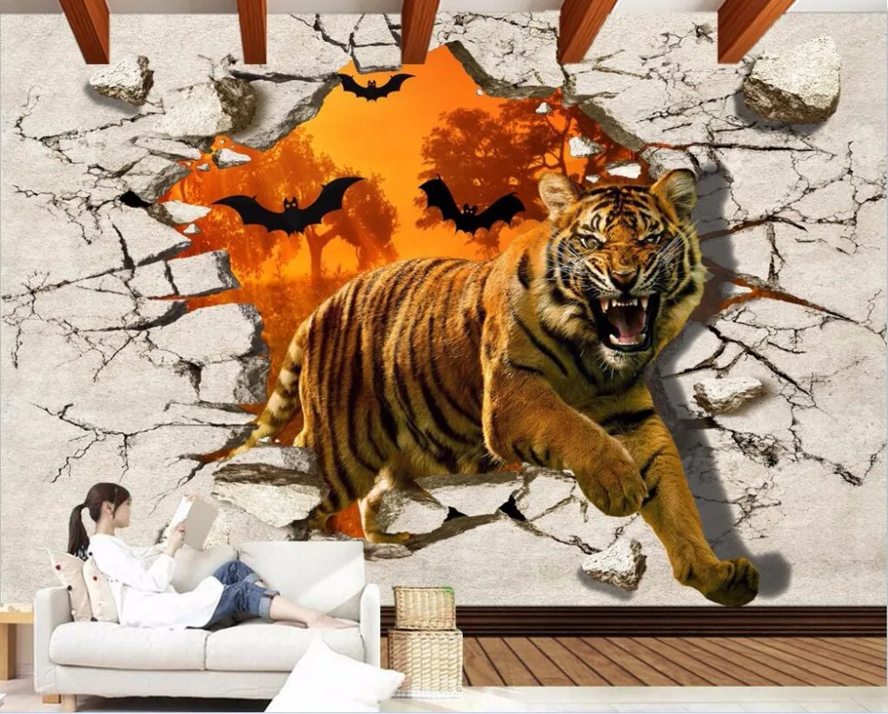 3d Ruang Wallpaper Kustom Foto Harimau Sengit Memecahkan Dinding