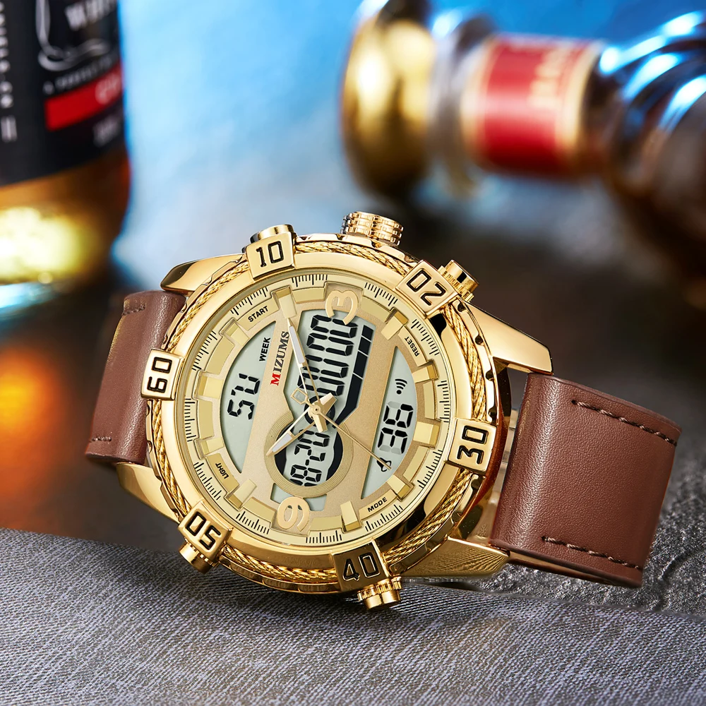 Mens Watches Top Luxury Brand Men Leather Sports Watches MIZUMS Men's Quartz LED Digital Clock Waterproof Military Wrist Watch 2019 New montre hommes (4)