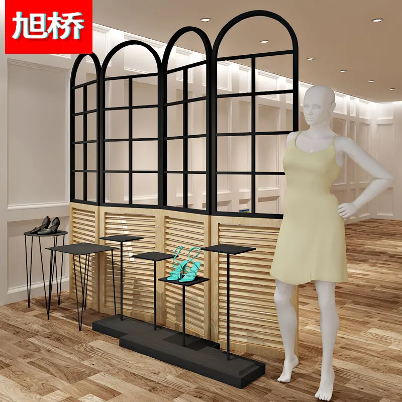xu Bridge Clothing store display rack, iron art wooden folding