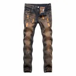 Оптовая продажа 2019 модные повседневные Всплеск-чернила бронзовые рваные с дырками и потертостями стиральная зауженные мужские джинсы