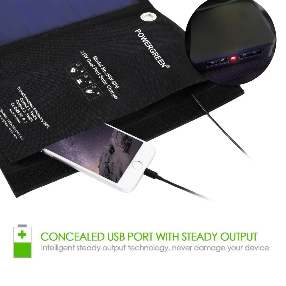 PowerGreen 21 Вт солнечное зарядное устройство складной двойной USB зарядное устройство солнечная панель сотовый внешний аккумулятор для мобильного телефона