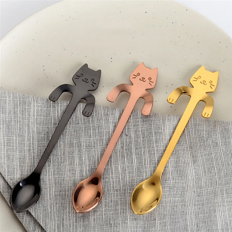 Creative Stainless Steel Cartoon Cat Hand Coffee Tea Spoon Ice Cream Dessert Long Handle Hanging Spoons Tableware Kitchen Tools