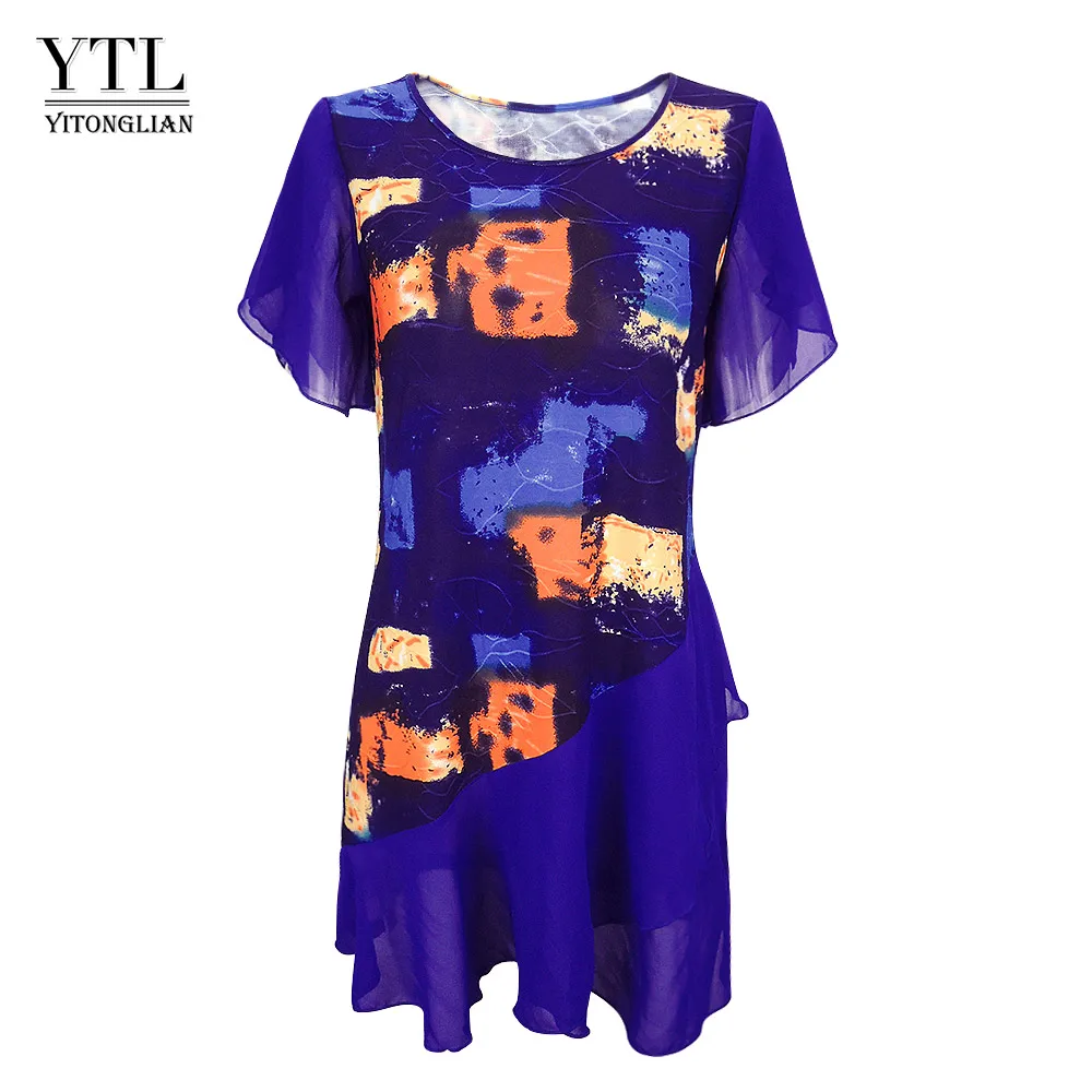 Женские топы и блузки Tie Dye богемный принт многослойные шифоновые женские блузки Летняя туника с коротким рукавом H227 - Цвет: Blue