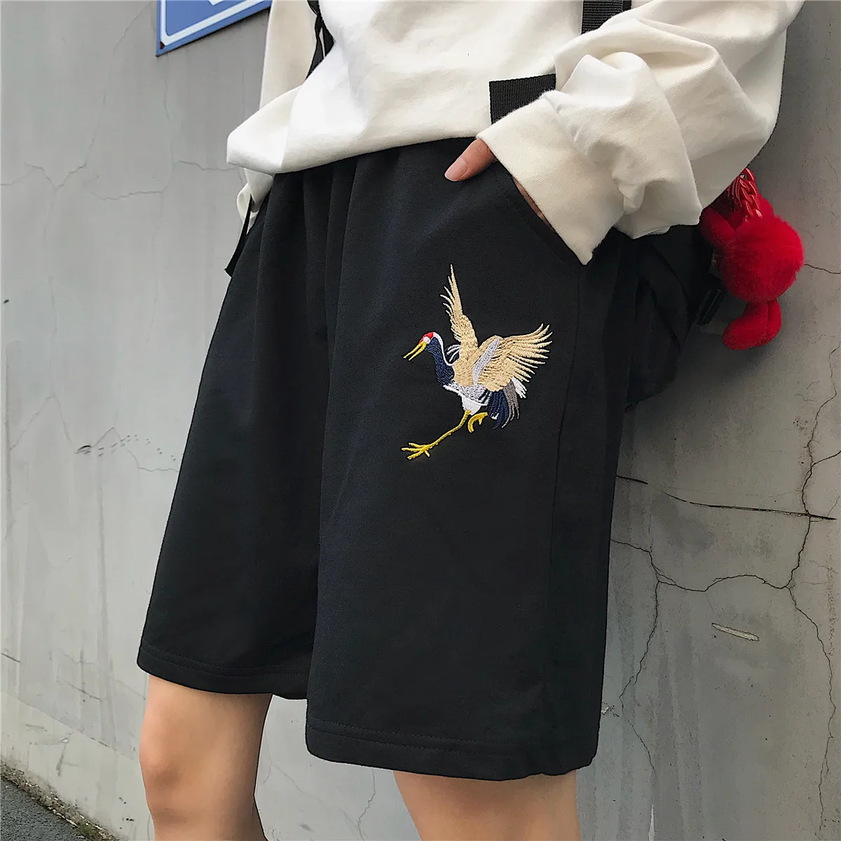 Neploe Harajuku Crane шорты с вышивкой для женщин и мужчин, уличные повседневные шорты, летние тянущиеся шорты с высокой талией и широкими штанинами 53592
