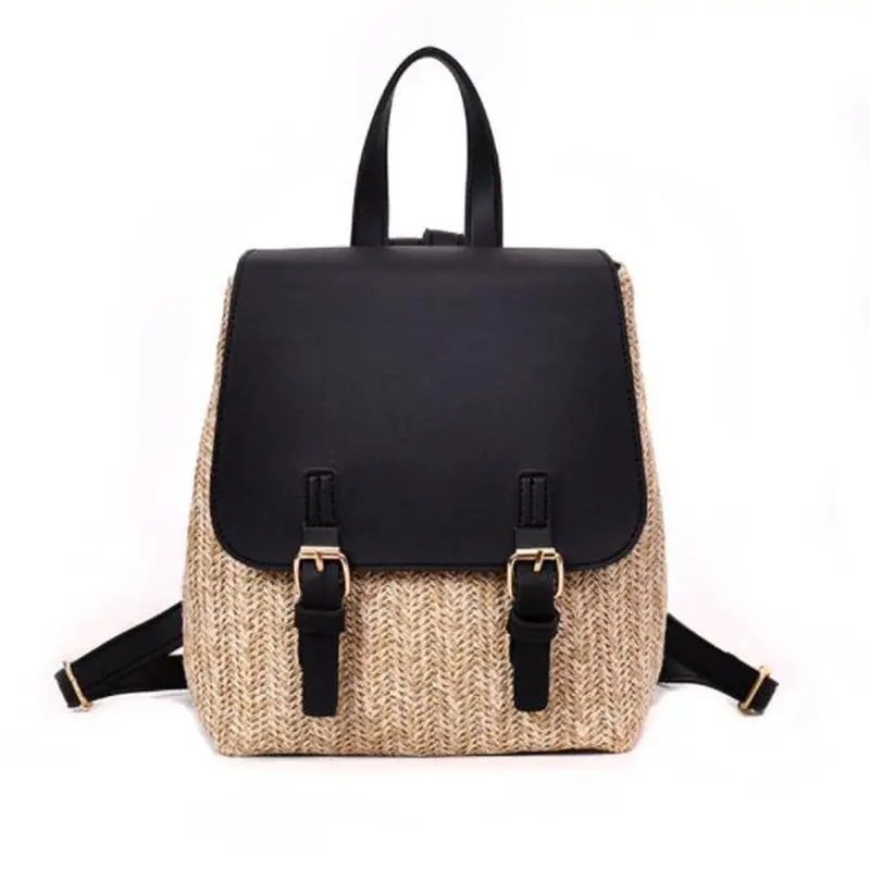

Fashion Straw Woven Women's Backpack Panelled Female Summer Beach Rucksack Teenage Girl Quality Travel Bag F407
