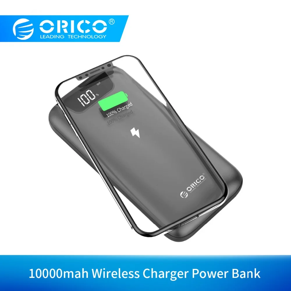 ORICO WR10 10000mah Power Bank With Wireless Charging 2A Dual USB Power Bank with LCD Display Charger for iPhone Mobile Phone