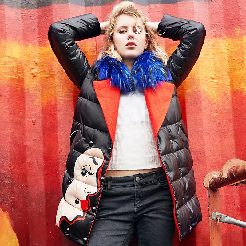 

Female Winter Fashion Black Down Jacket Cartoon Print Blue Natural Fur Collar Parkas Women Casual Loose Slim Plus Size Long Coat