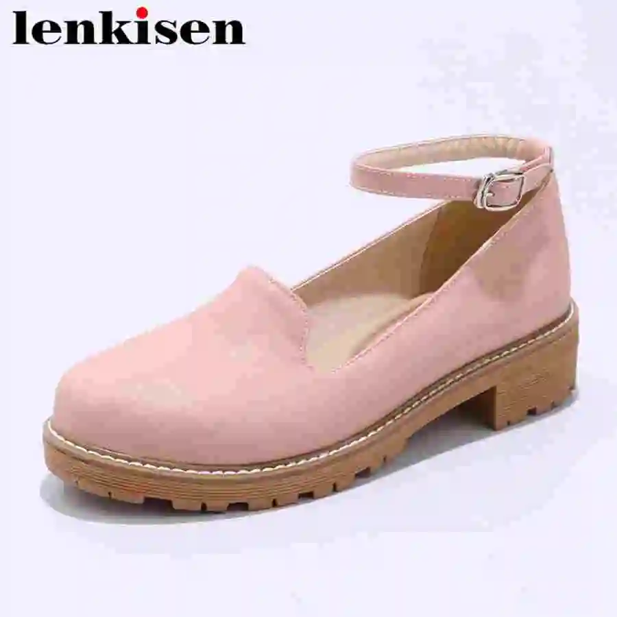 

Lenkisen solid pu metal buckle strap Princess Literature and art style round toe low heels meeting large size women pumps L03