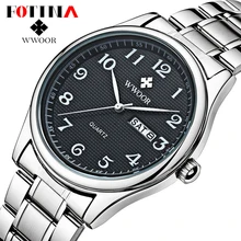 FOTINA Top Brand WWOOR Часы Мужские Дата День Стали Relojes час Часы Платье Бизнес Случайный Кварц Мужчины Смотреть Черный Спорт наручные часы