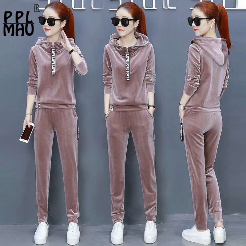 

2019 Fashion Casual Women Two Piece Outfits Velvet Tracksuits Set Loose Hoodies Sweatshirt Top And Sport Pant Plus Size 3XL New