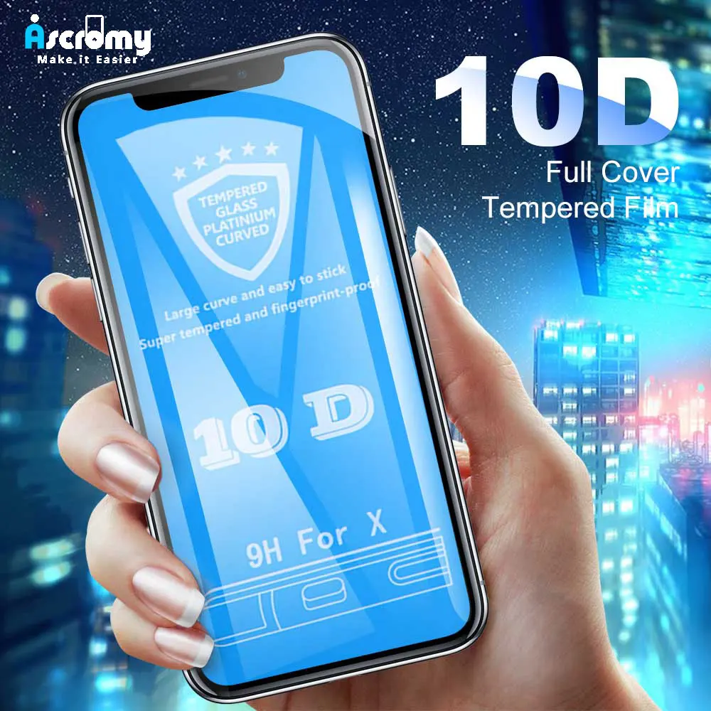 

Ascromy For iPhone X Tempered Glass 10D Full Cover Screen Protector Pelicula For iPhone 7 Plus 8 6 6S XS Max XR Screenprotector