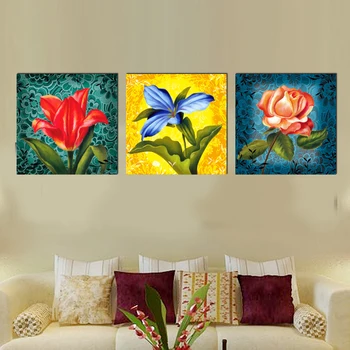 

Three flowers square classical canvas painting modern vintage art prints 3 psc home deco wall pictures for living room bedroom