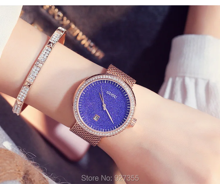 New 2017 GUOU Dress Women Watches Stylish Sky Bule Crystal Rhinestones Quartz Wristwatch Lady Bracelet Relogio 4