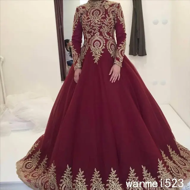 Arabic Muslim High Neck Vintage Wedding Dress Gold Lieques Wine Arabic Muslim High Neck Vintage Wedding Dress Gold Lieques Wine Color