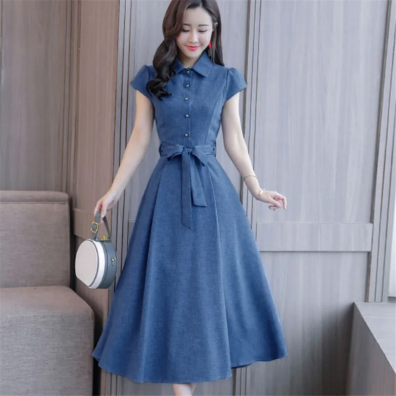 2020 Summer New Temperament cotton and linen Dress sleek minimalist Short-sleeved Long Solid color Slim Women W029 | Женская одежда