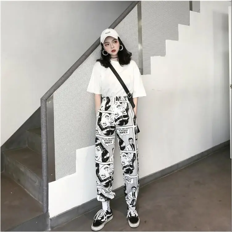 

Harajuku Cartoon Print Women Harem Pants Elastic Wasit Ankle Length Trousers Spring Autumn Causal Loose Pants
