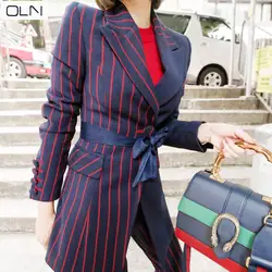 Новая женская Корейская версия OL темперамент Тонкий Модный Полосатый костюм куртка + Цвет Соответствующие брюки деловой костюм