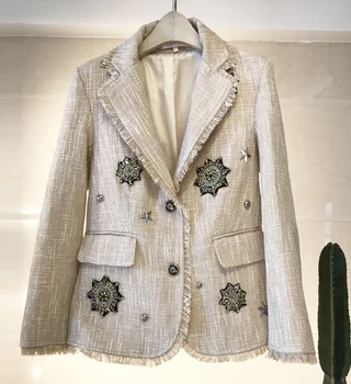 

2019 European Station Women's Nail Pearl Embroidery tassels Small Fragrance Coarse tweed Slim Suit Coat