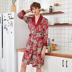 Бордовый принт китайский человек шелк район длинный халат летнее кимоно халат юката Ночная рубашка с поясом размеры L, XL, XXL