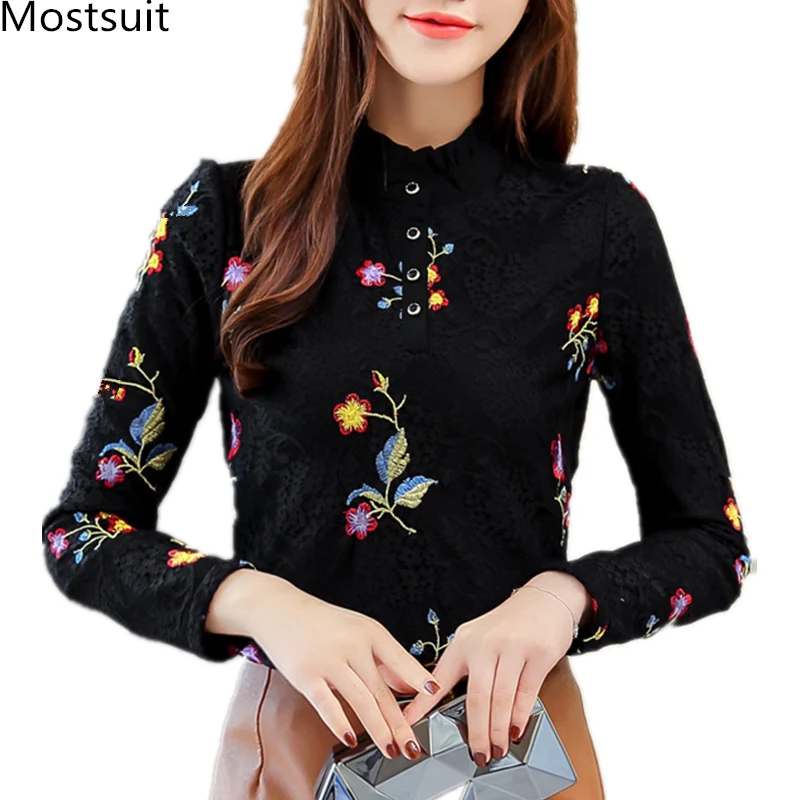 

S-4xl Lace Floral Embroidery Blusas Mujer Women Spring Autumn Plus Size Elegant Office Blouses Long Sleeve Pullovers Tops Femme