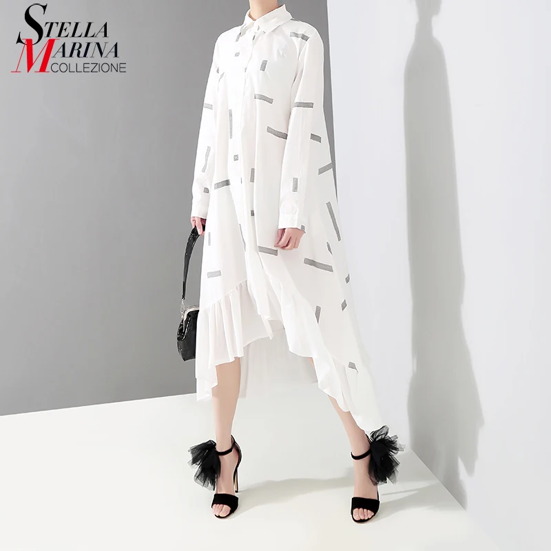 

New 2019 Korean Style Women White Striped Shirt Dress Long Sleeve Ruffles Hem Female Stylish Midi Party Club Dresses Robe 4776