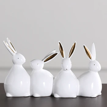 

Creativity White Ceramic Four Little Rabbit&Ducks Desktop Display Statue Modern Simple Style Animal Sculpture Home Decoration