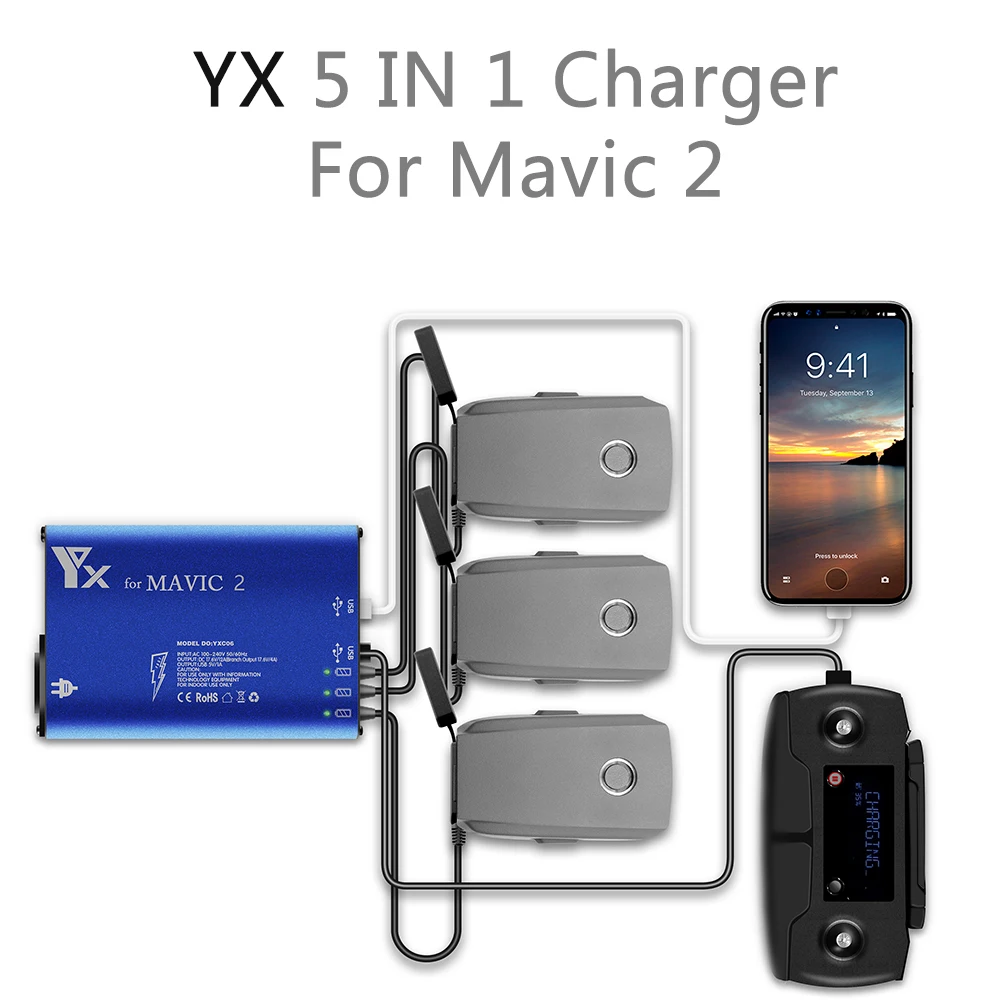 YX Mavic 2 Pro Drone зарядное устройство 5 в 1 зарядный концентратор для DJI Mavic 2 zoom Pro Интеллектуальный аккумулятор автомобильный зарядный адаптер