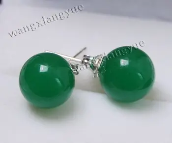 

Wholesale FREE SHIPPING AS 10mm Jewelry Green Jade Silver Stud Earrings AAA Grade ##