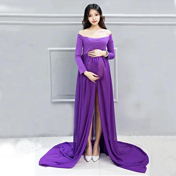

Maternity Photo Props Pregnancy Women Dress Clothes Long Sleeves Chiffon Shoot Shower Dresses For Pregnant Women White