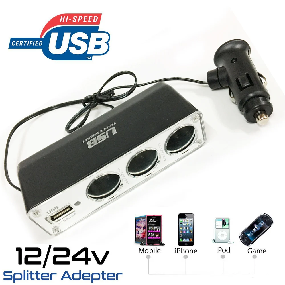 1 USB PORT CAR CIG CIGARETTE LIGHTER 1 TO 3 SOCKET DC 12V POWER ADAPTER