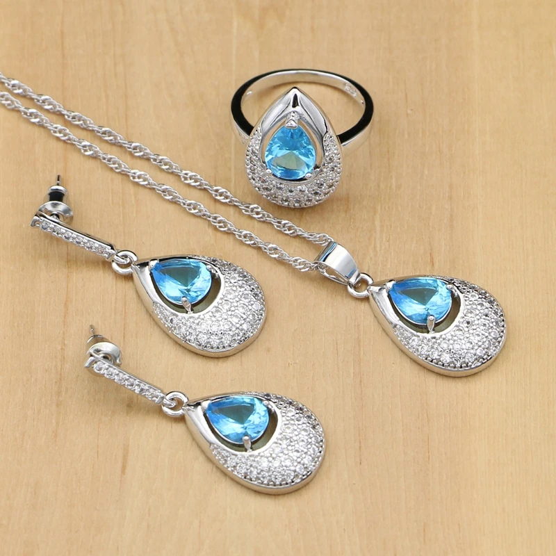 Sky Blue Cubic Zirconia 925 Silver Jewelry Sets For Women Water Drop Earrings With StonePendantNecklaceRing drop shipping (1)