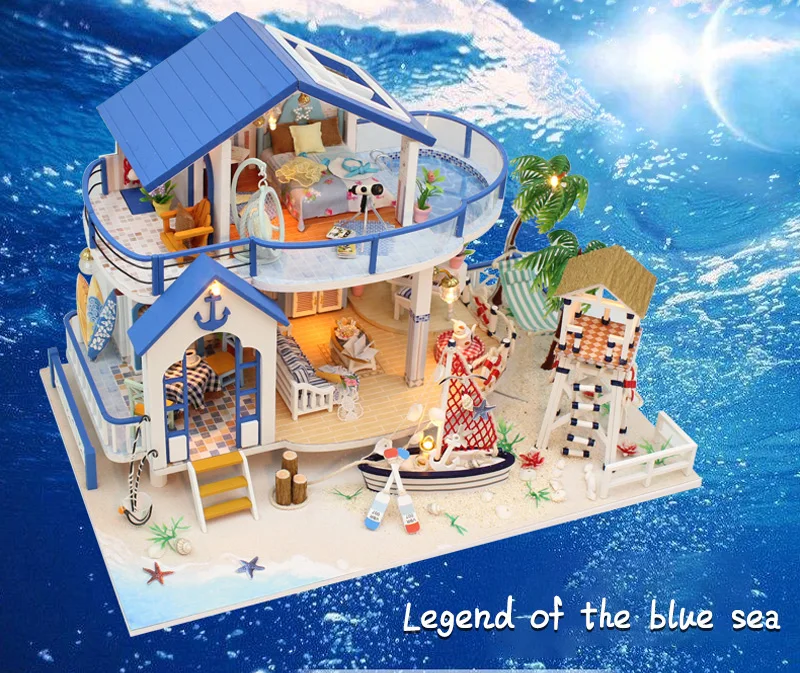 DIY LED Dollhouse Sea Miniature Villa With Furniture Wooden House Room Model Kit Gifts 3D Toys For Children Kids Doll House