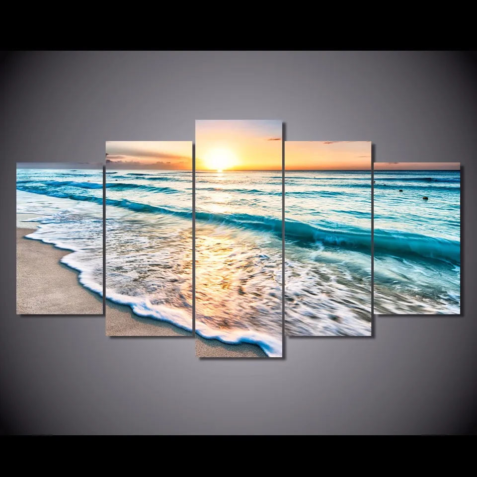 Canvas Painting Wall Art Frame Home Decor Pictures 5 Pieces Seascape Sunset Beach Sea Wave Poster Living Room HD Printed 