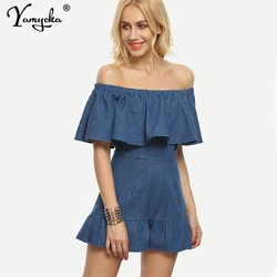 Sexy Slash neck women denim Summer jumpsuit shorts Ruffle body mujer bodycon vintage bodysuit womens elegant Night club overalls Sexy Slash neck women denim Summer jumpsuit shorts Ruffle body mujer bodycon vintage bodysuit womens elegant Night club overalls