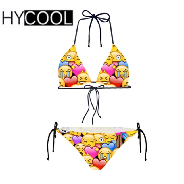 HYCOOL Sexy Women Bikini Suit Funny Emoji Smile Face Printing Swimsuit