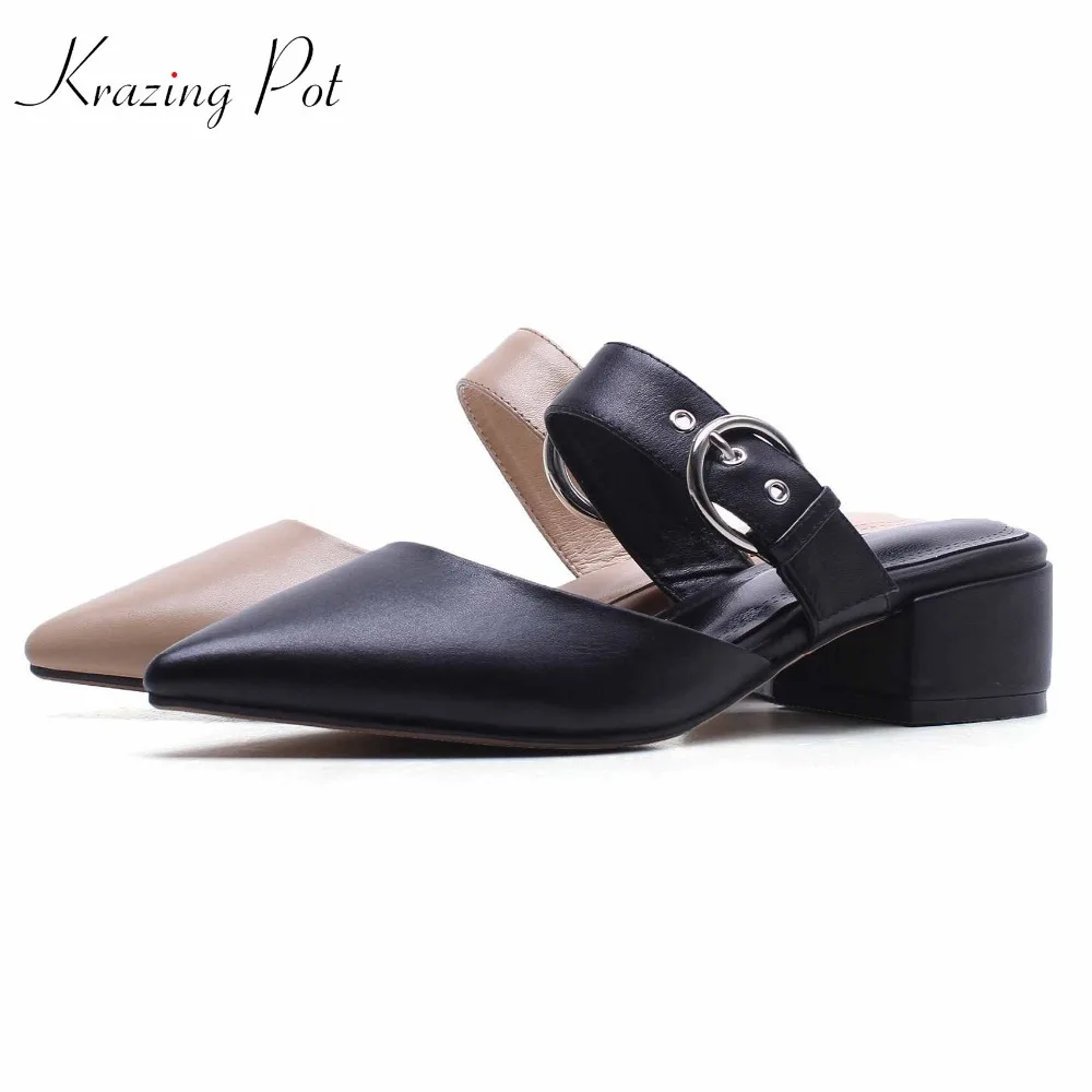 

krazing Pot 2018 new arrival genuine leather pointed toe med heel women pumps princess style metal buckle lady simple mules L9f3
