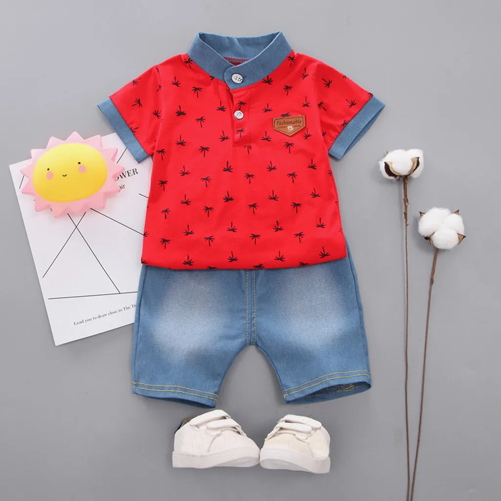 Toddler Kids Baby Boy clothes summer Short Sleeve Tree Pattern Shirt Tops+ Denim Pants kids sets newborn sport suits |